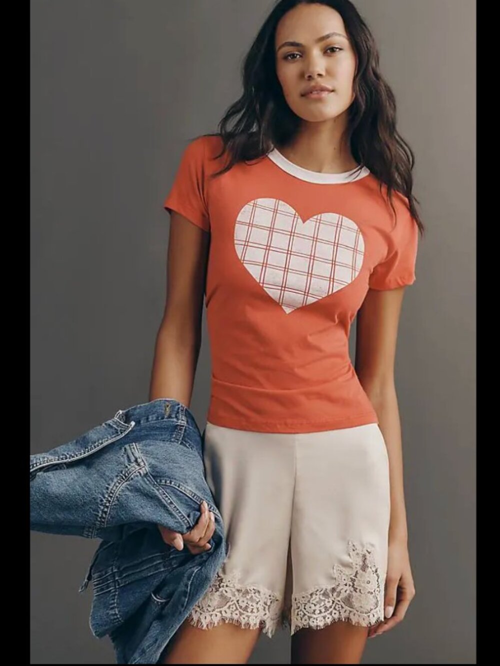 Anthropologie LETluv Heart Ringer Tee Red Pink Plaid Heart Size M NWT Casual